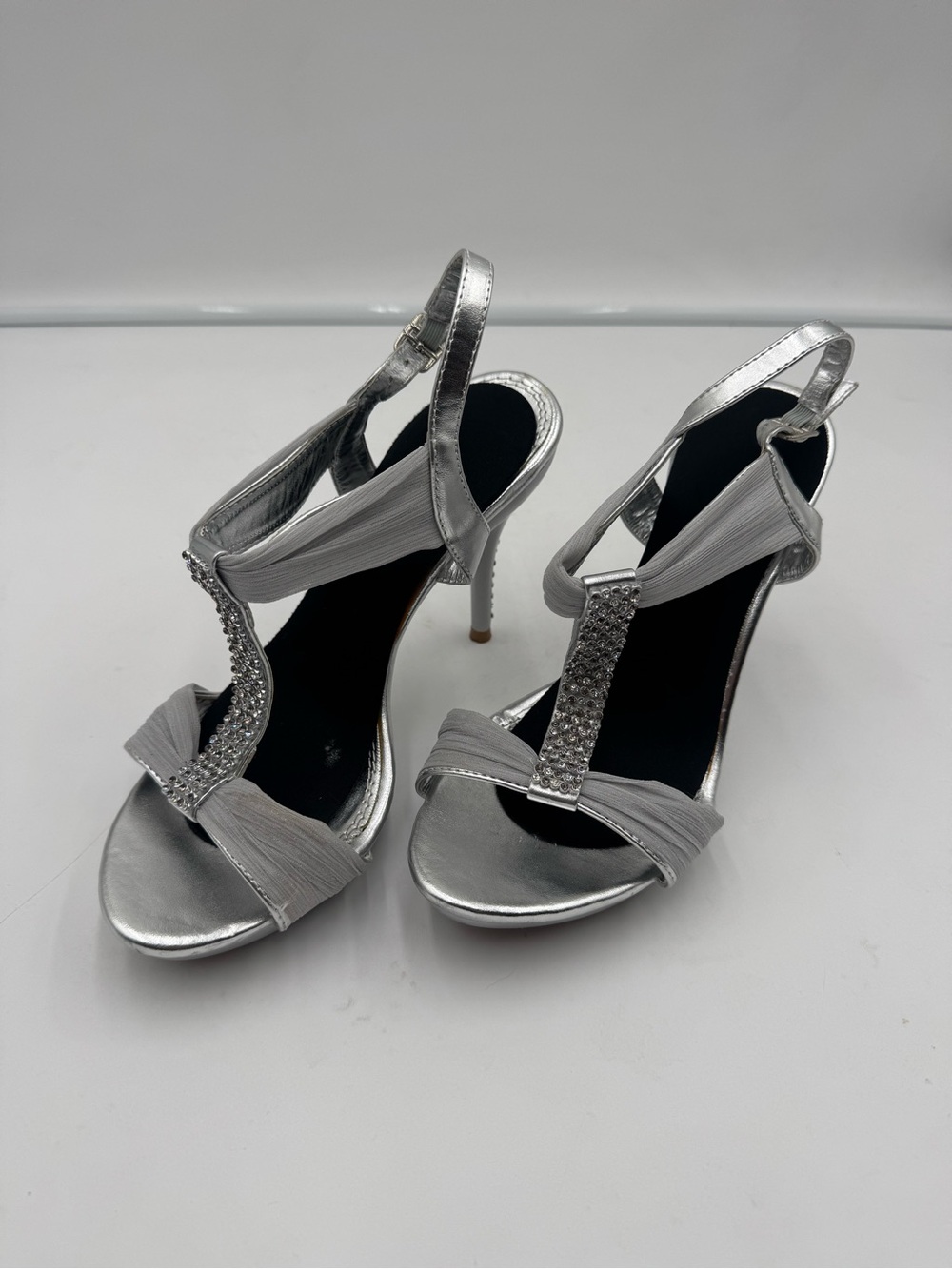 Silver Crystal T-Strap High Heel Sandals